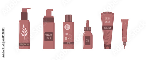 Hydrating facial cosmetics. Set of skin care products for cleansing and moisturizing. Morning routine. Face makeup removal. Hand drawn icons. Vector illustration in flat cartoon style.