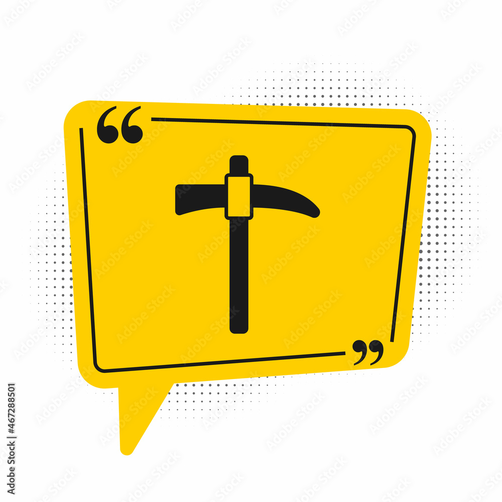 Black Pickaxe icon isolated on white background. Yellow speech bubble symbol. Vector