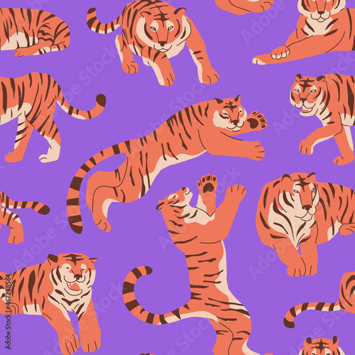 Seamless pattern with tradition oriental zodiac talisman Chinese bengal tiger. Decor for paper and textile. Vector illustration in flat style. Asian culture celebration new year. Big cats  poses.