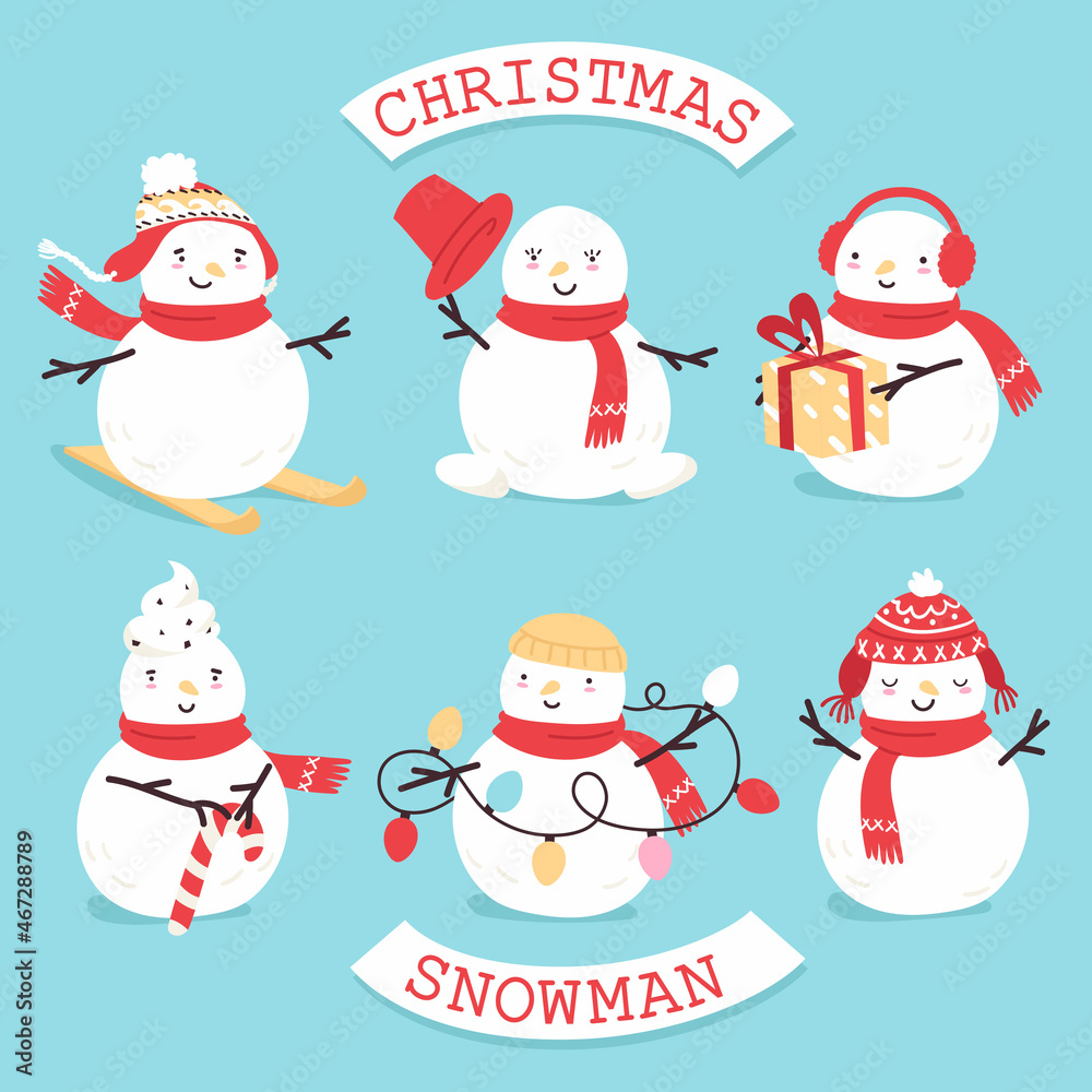 Six snowman in different poses. Christmas and new year symbol. Traditional winter atribute. Vector illustration in flat style. Winter outdoor decoration, snow art, children activity.