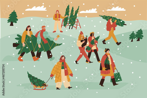 Christmas fair. People buying Christmas tree on the market. Snowy day outdoor. Men and women Preparing to new year. Flat style in vector illustration. Isolated elements.  Holiday shopping. Dog Santa