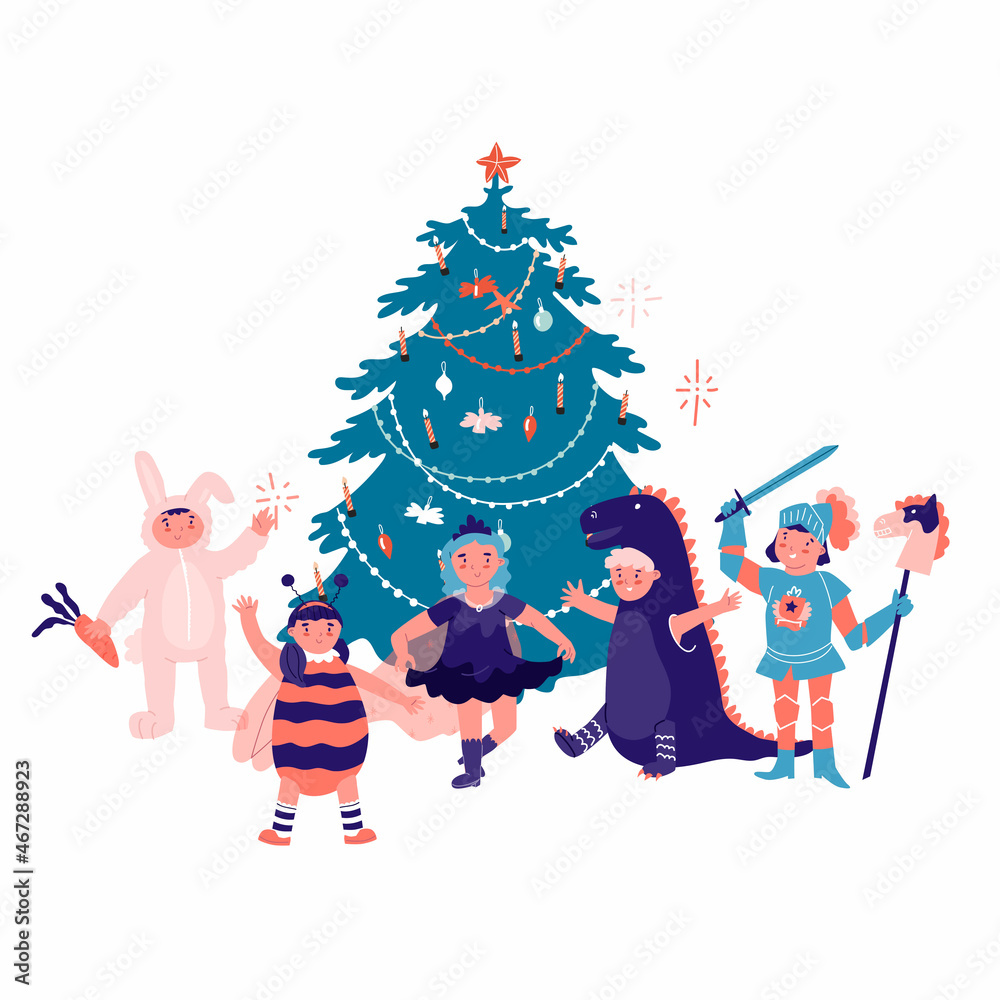 Kids around christmas tree. Kids on costume party. Flat style in vector illustration. Christmas and new year celebration. Event for children.
