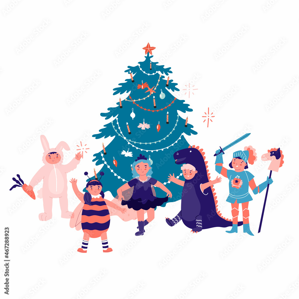 Naklejka premium Kids around christmas tree. Kids on costume party. Flat style in vector illustration. Christmas and new year celebration. Event for children.
