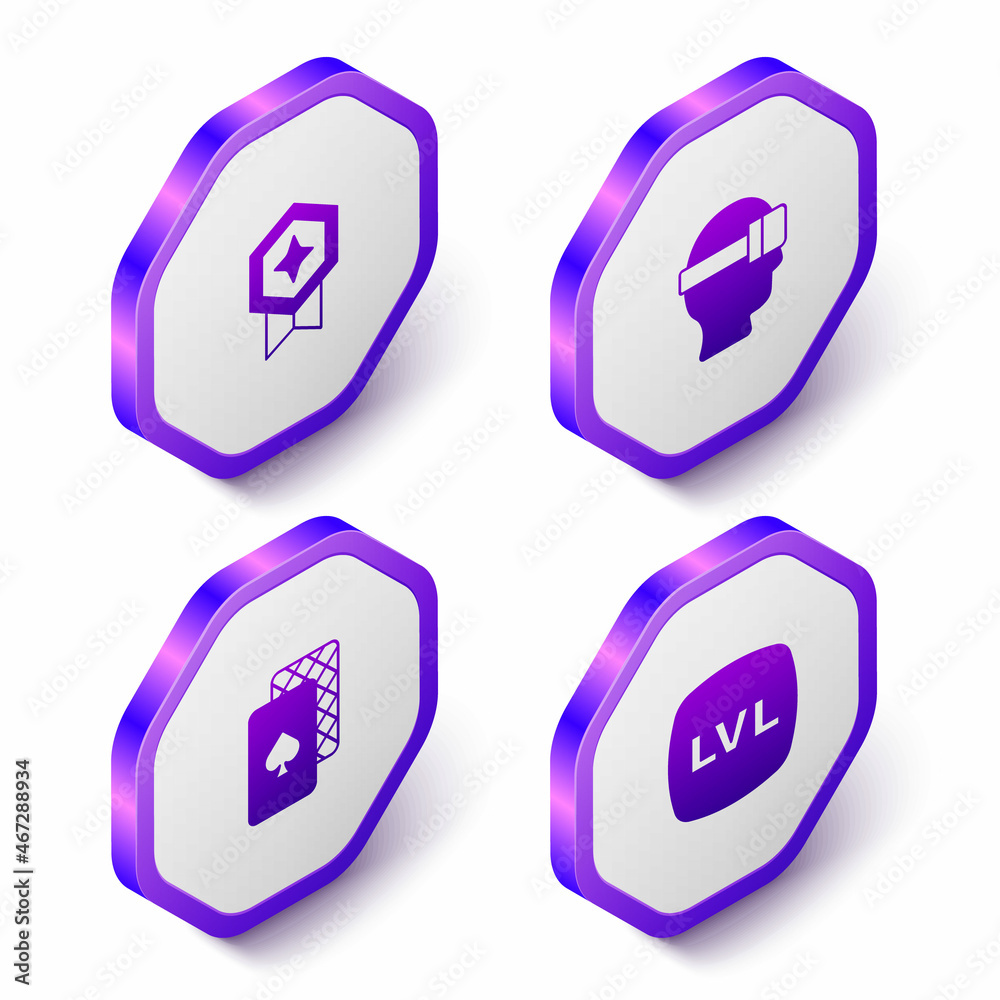 Set Isometric Game rating with medal, Virtual reality glasses, Playing cards and Level game icon. Purple hexagon button. Vector