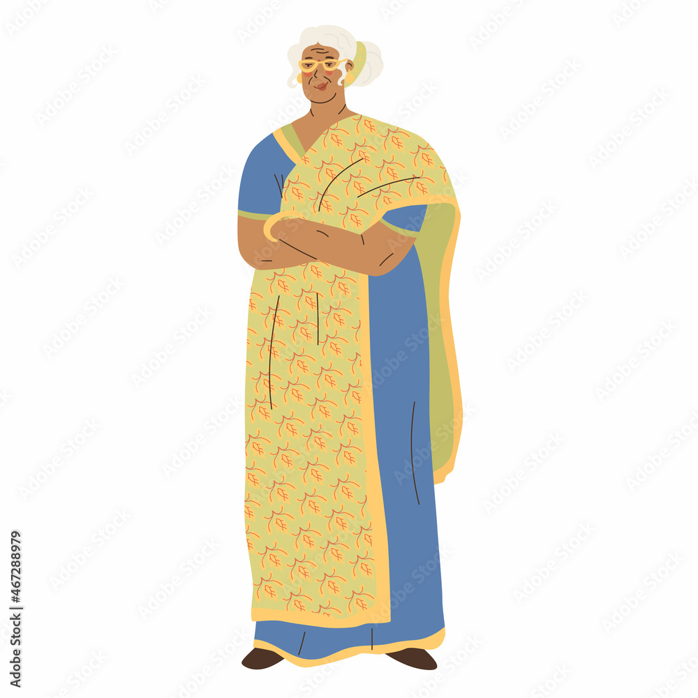 Old Woman in traditional Indian clothes. Human ages. Flat style in vector illustration. Isolated. Standing Indian woman. Honorable age, head of the family, wise, experienced grandma. Old Woman in traditional Indian clothes. Human ages. Flat style in vector illustration. Isolated. Standing Indian woman. Honorable age, head of the family, wise, experienced grandma.