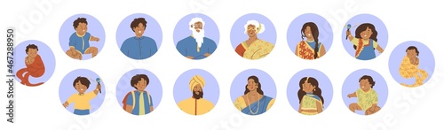 Indian people in different ages and sex, men and women, boys and girls, grandfather and grandmother. Generations from newborns to elderly people. Round compositions, icons, Asia. Vector illustration.