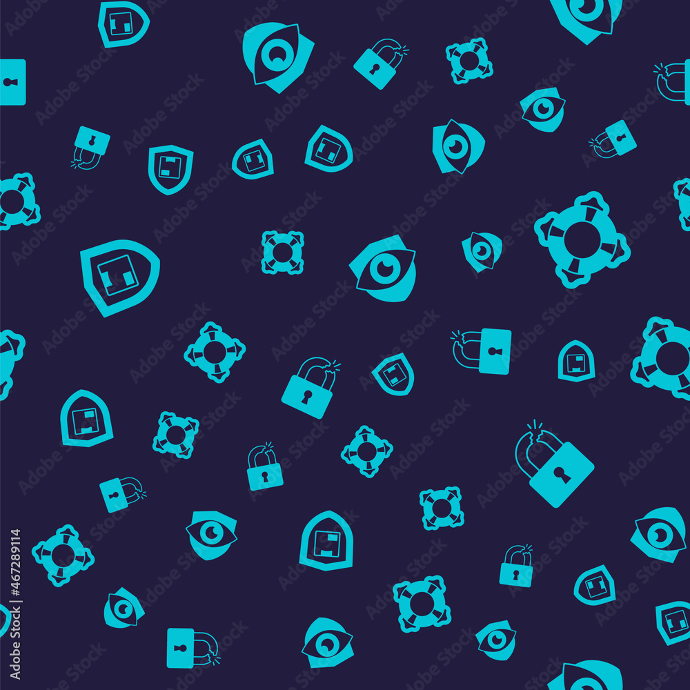 Set Delivery security with shield, Lifebuoy, Shield and eye and Broken or cracked lock on seamless pattern. Vector