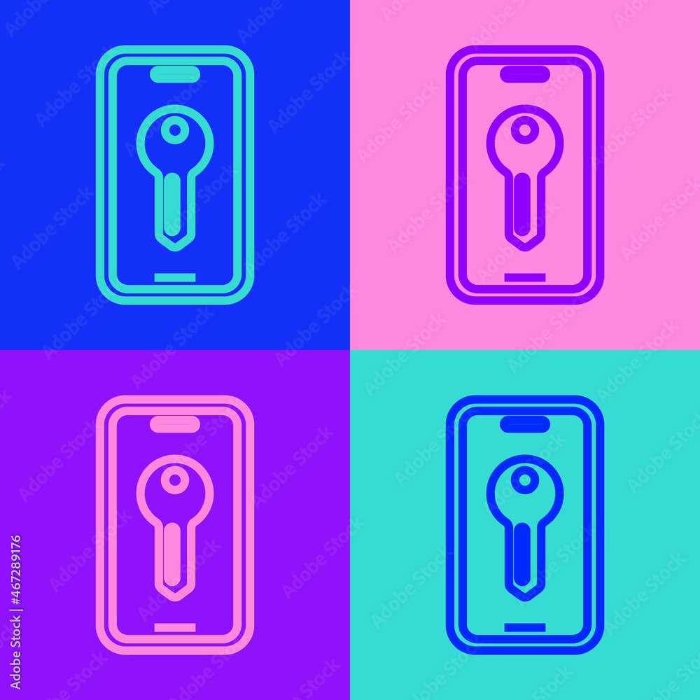 Pop art line Smart key icon isolated on color background. Vector Pop art line Smart key icon isolated on color background. Vector