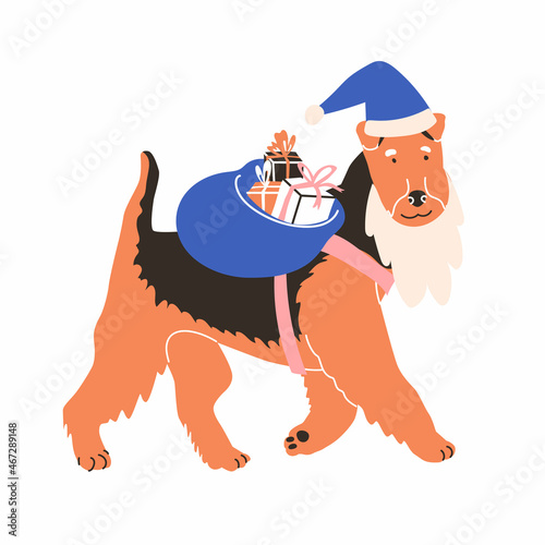 Airedale Dog in festive Santa Klaus costume. A hat, a white beard, a bag of gifts. Celebrating Christmas and New year. Vector illustration in flat style. Isolated in white background.