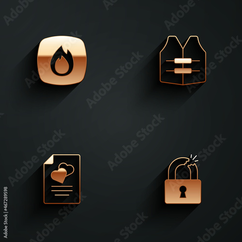 Set Fire flame, Life jacket, Marriage contract and Broken or cracked lock icon with long shadow. Vector