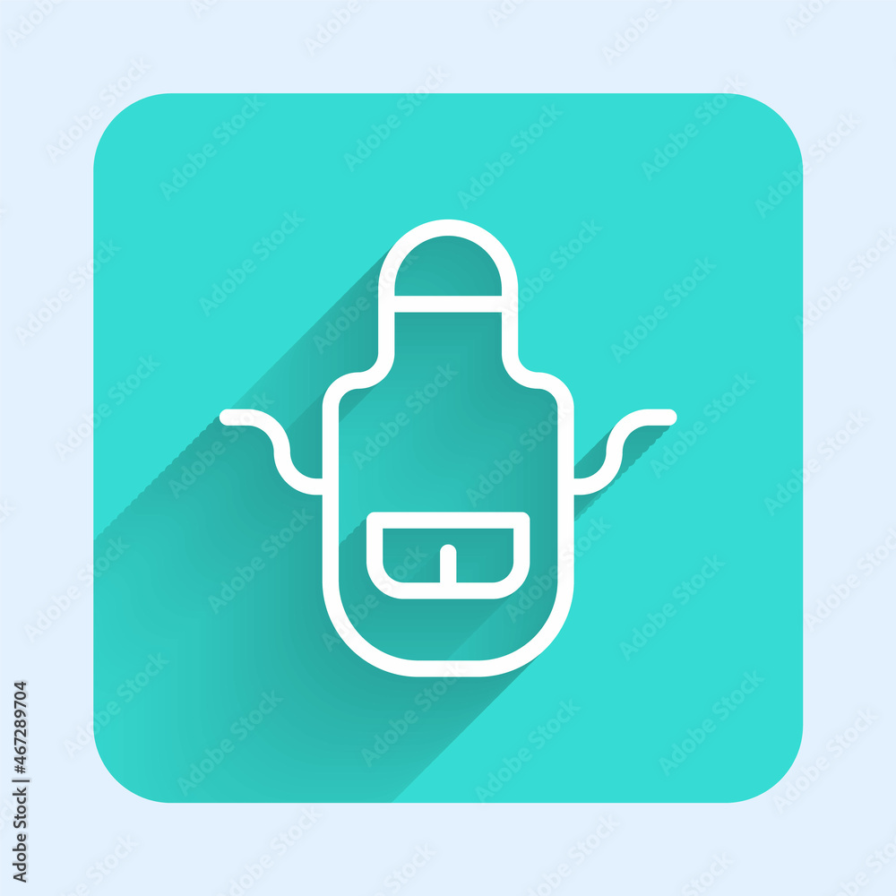 White line Barber apron icon isolated with long shadow. Apron of a hairdresser with pockets. Green square button. Vector White line Barber apron icon isolated with long shadow. Apron of a hairdresser with pockets. Green square button. Vector