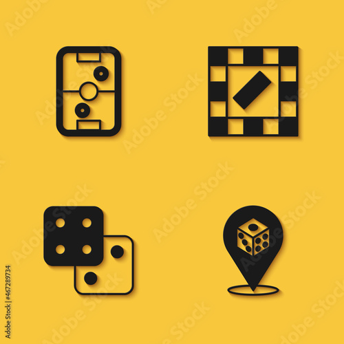 Set Air hockey table, Game dice, and Board game icon with long shadow. Vector