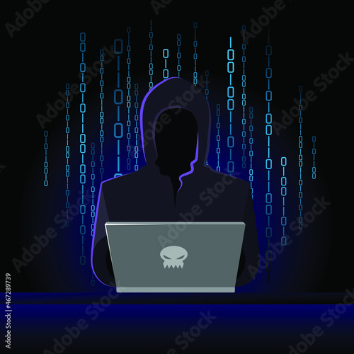 Hacker with laptop computer in darkness modern simple flat style vector illustration.  Technology crime concept background.