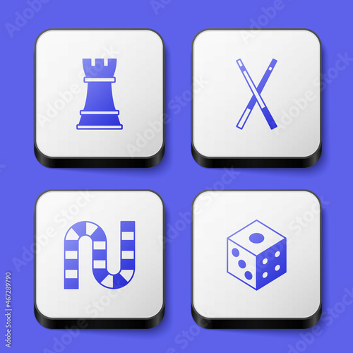 Set Chess, Crossed billiard cues, Board game and Game dice icon. White square button. Vector
