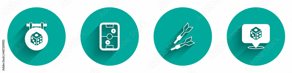 Set Game dice, Air hockey table, Dart arrow and icon with long shadow. Vector