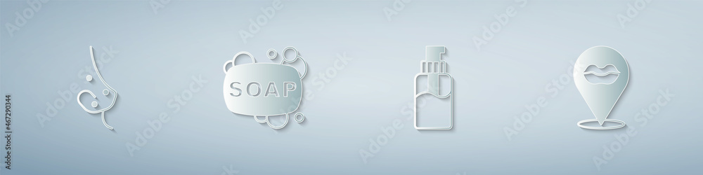 Set Acne, Bar of soap, Bottle liquid and Smiling lips. Paper art style. Vector Set Acne, Bar of soap, Bottle liquid and Smiling lips. Paper art style. Vector