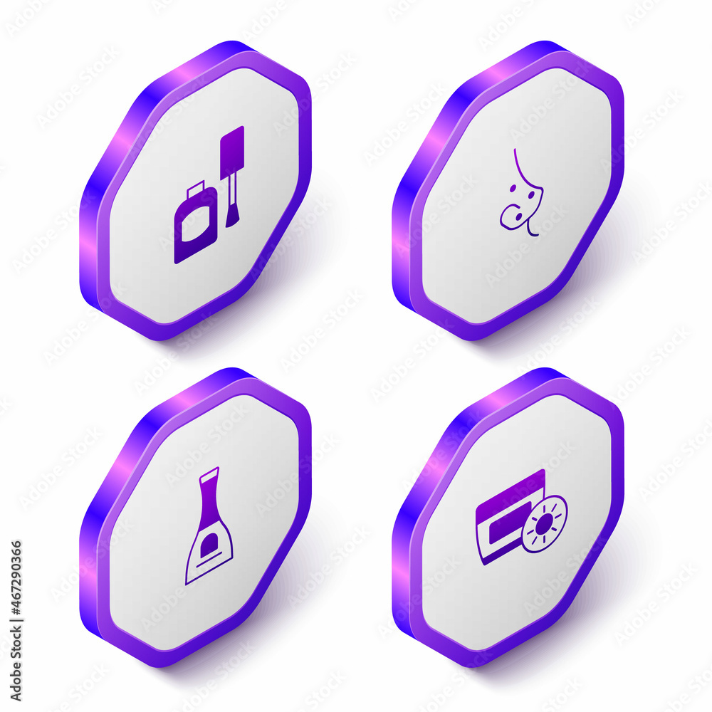 Set Isometric Bottle of nail polish, Acne, and Sunscreen cream in tube icon. Purple hexagon button. Vector