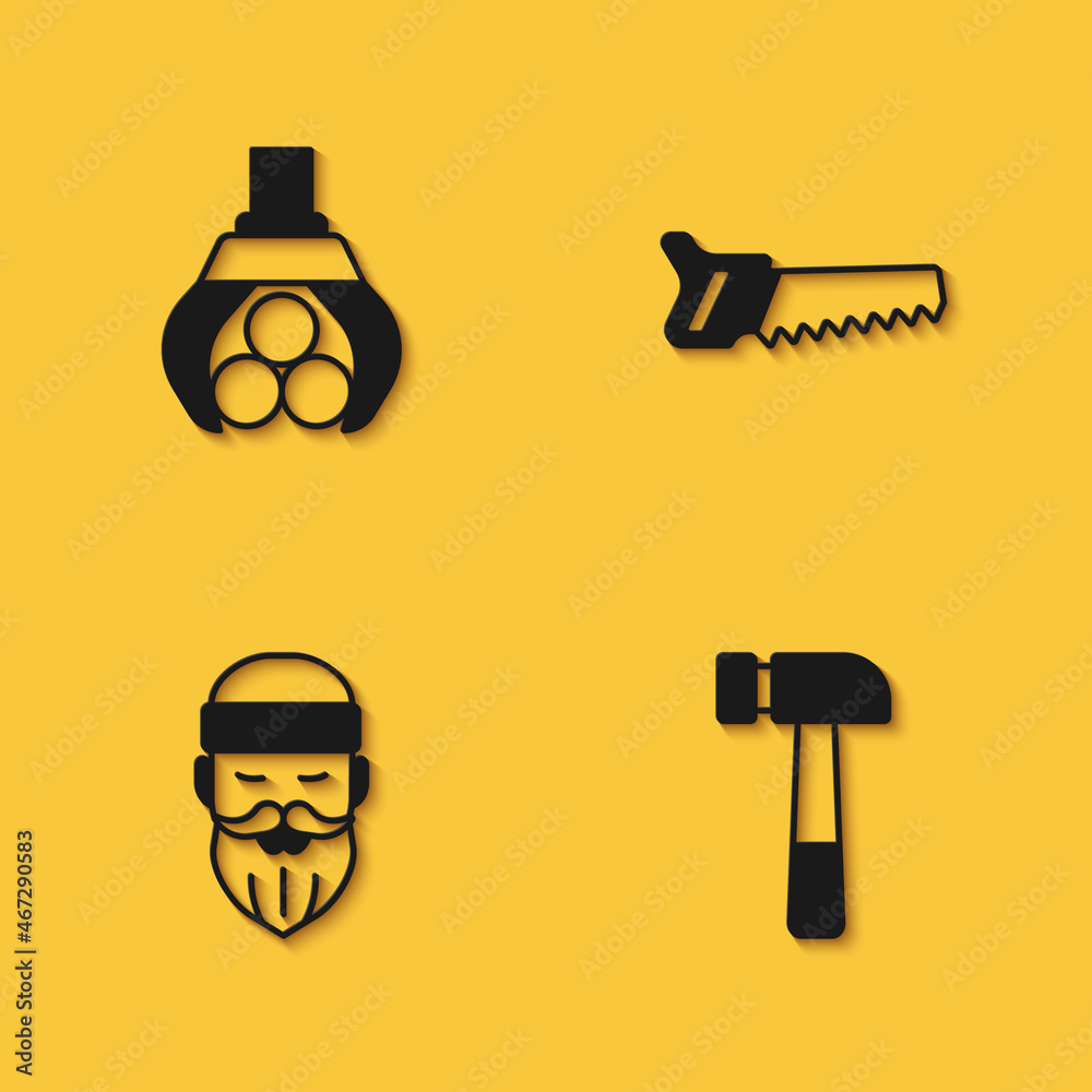Set Grapple crane grabbed a log, Hammer, Lumberjack and Hand saw icon with long shadow. Vector
