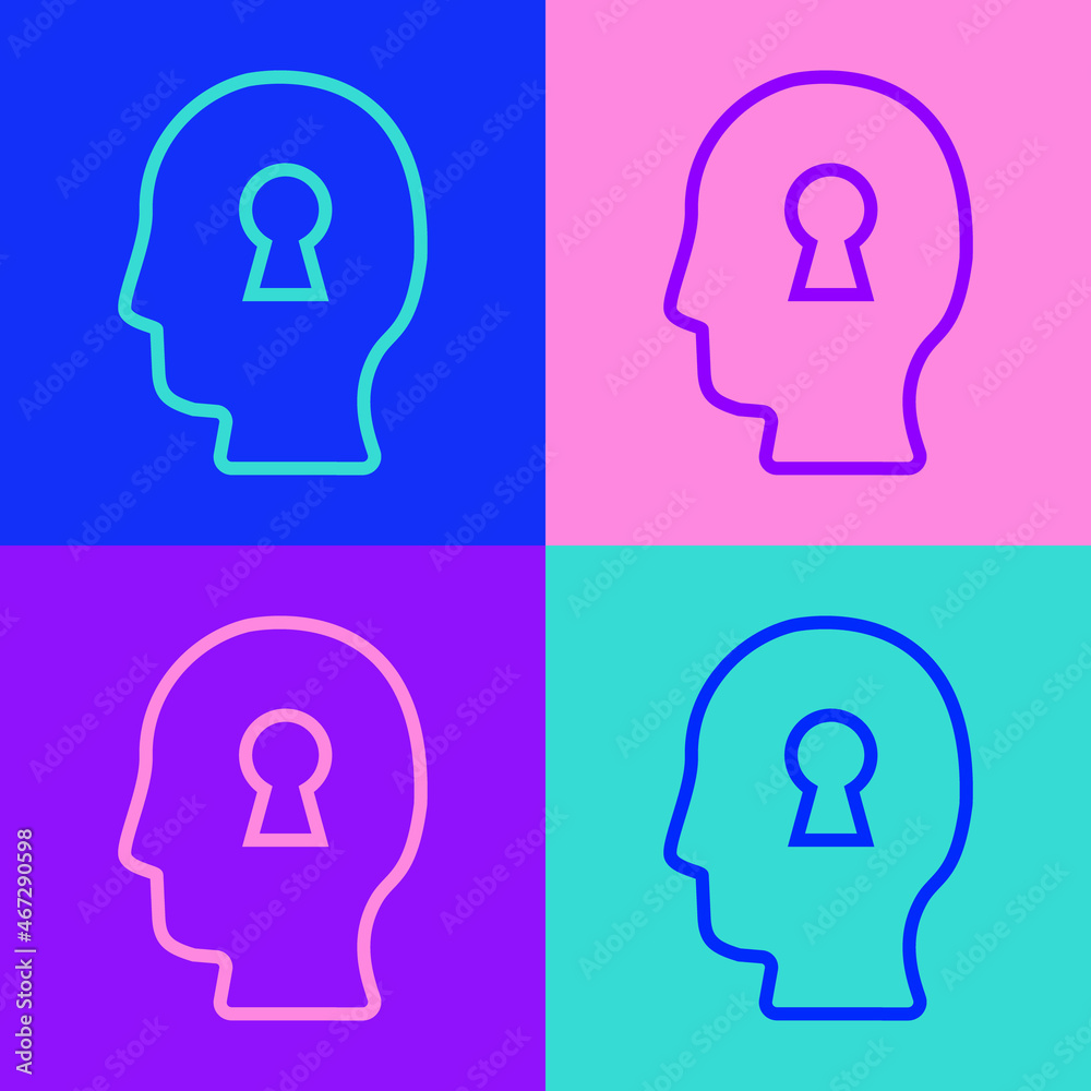 Pop art line Solution to the problem in psychology icon isolated on color background. Key. Therapy for mental health. Vector Pop art line Solution to the problem in psychology icon isolated on color background. Key. Therapy for mental health. Vector