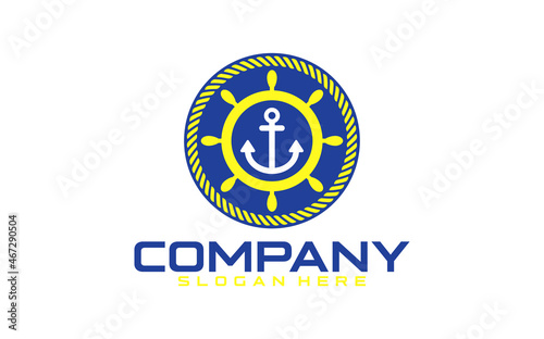 Marine retro emblems logo with anchor and ship steering  anchor logo