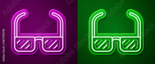 Glowing neon line Safety goggle glasses icon isolated on purple and green background. Vector