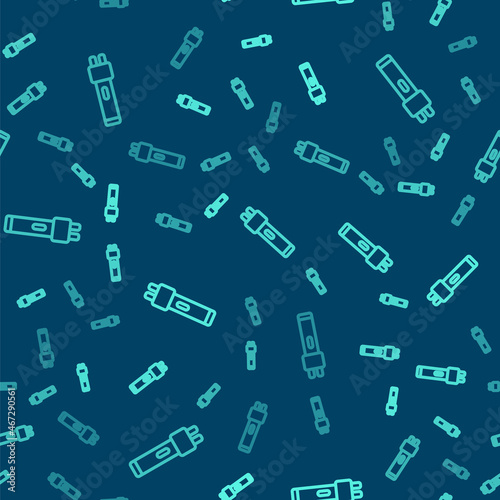 Green line Police electric shocker icon isolated seamless pattern on blue background. Shocker for protection. Taser is an electric weapon. Vector