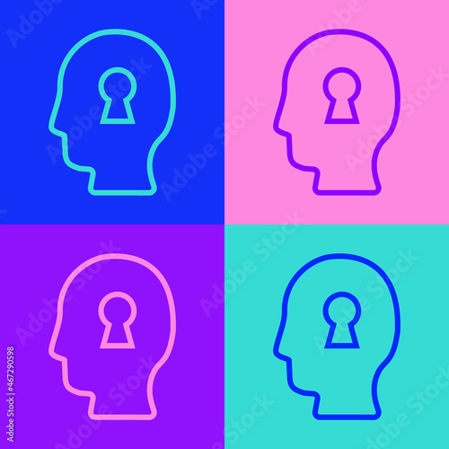 Pop art line Solution to the problem in psychology icon isolated on color background. Key. Therapy for mental health. Vector