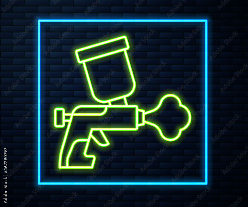 Glowing neon line Paint spray gun icon isolated on brick wall background. Vector Glowing neon line Paint spray gun icon isolated on brick wall background. Vector