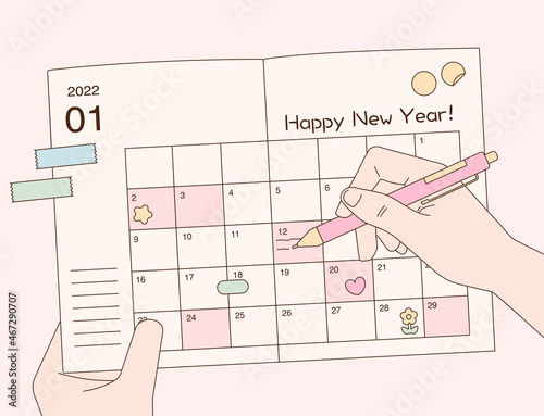 Hand taking notes in monthly diary. flat design style vector illustration.
