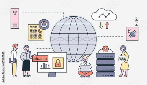 Business characters are analyzing digital information around a huge globe. flat design style vector illustration.