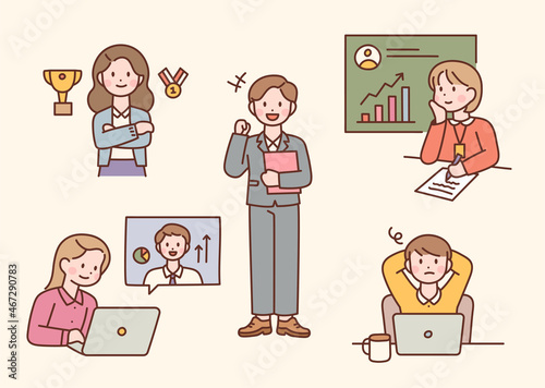 View of employees working in the office. flat design style vector illustration.