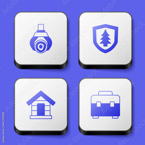 Set Grapple crane grabbed a log, Shield with tree, Dog house and Toolbox icon. White square button. Vector