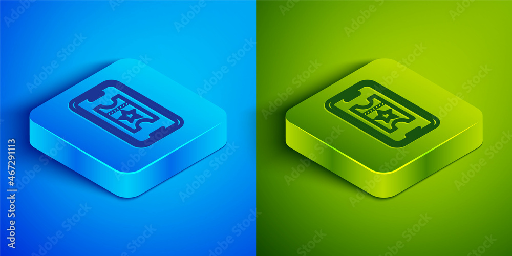 Isometric line Buy cinema ticket online icon isolated on blue and green background. Service Concept. Square button. Vector Isometric line Buy cinema ticket online icon isolated on blue and green background. Service Concept. Square button. Vector