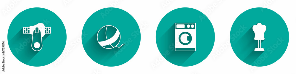 Set Zipper, Yarn ball, Washer and Mannequin icon with long shadow. Vector Set Zipper, Yarn ball, Washer and Mannequin icon with long shadow. Vector
