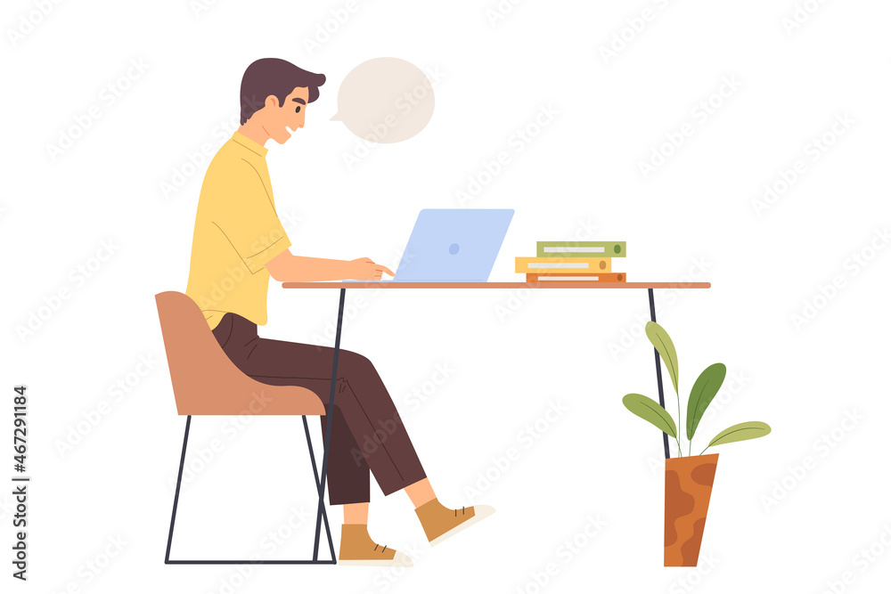 Male sitting and using laptop on table with small blank speech bubble. concept of working from home, work place, modern office, video conference, online meeting. Flat vector illustration character.