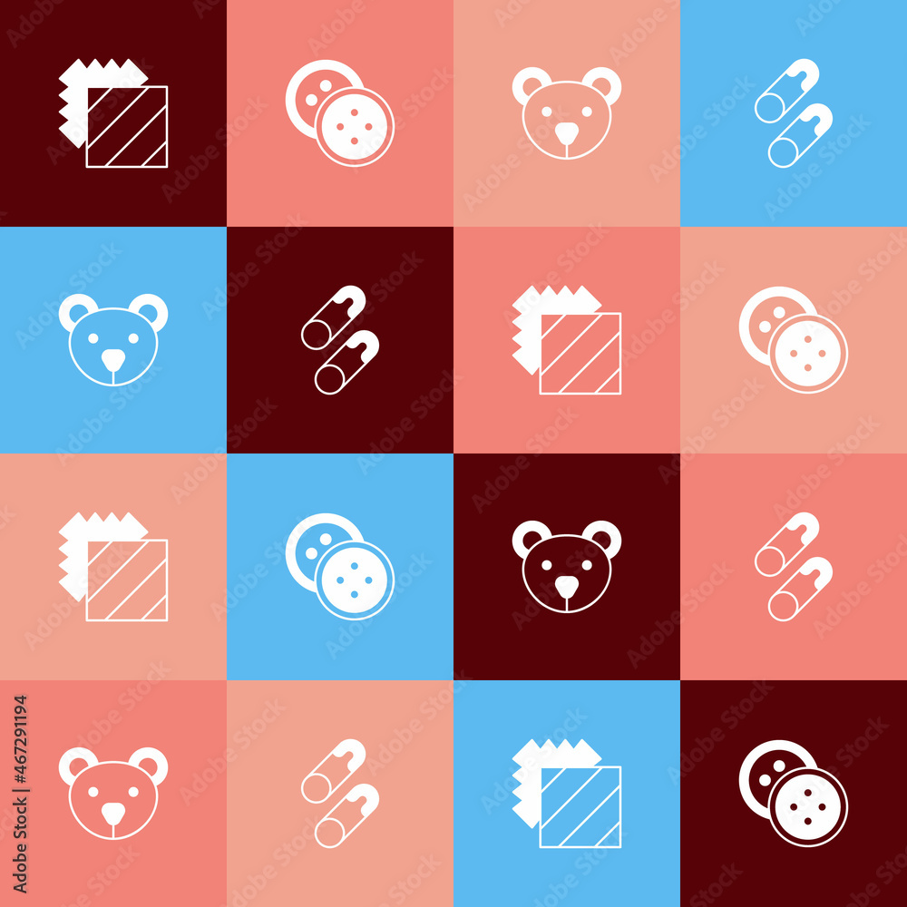 Set pop art Layers clothing textile, Sewing button for clothes, Teddy bear plush toy and Closed steel safety pin icon. Vector Set pop art Layers clothing textile, Sewing button for clothes, Teddy bear plush toy and Closed steel safety pin icon. Vector