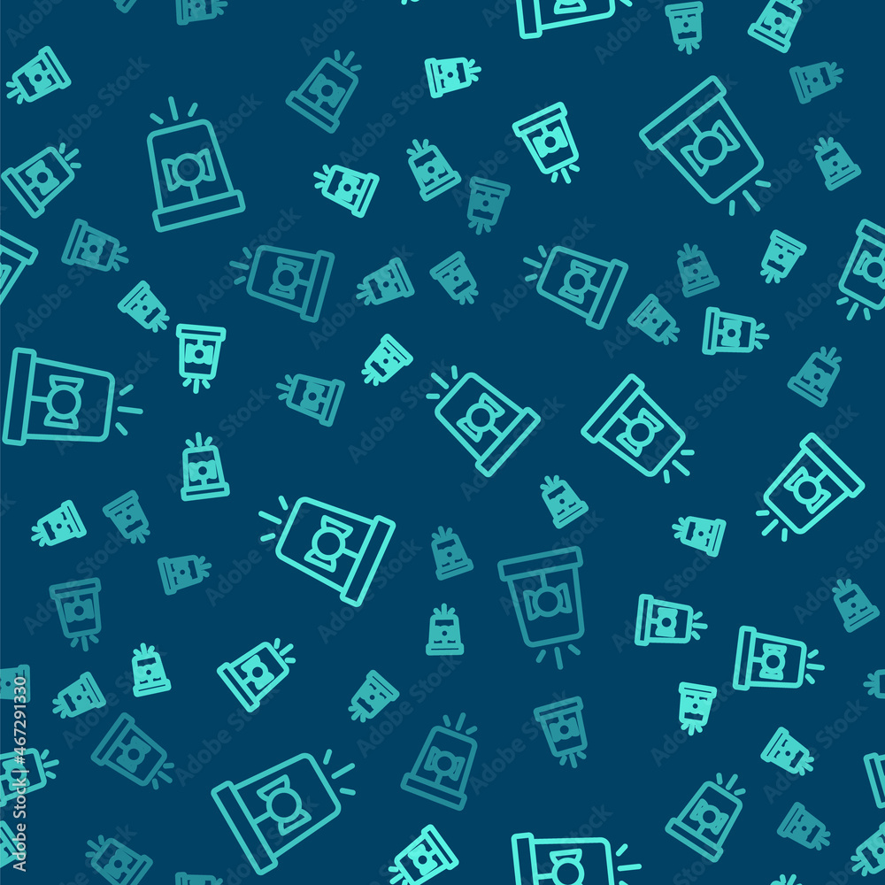 Green line Flasher siren icon isolated seamless pattern on blue background. Emergency flashing siren. Vector Green line Flasher siren icon isolated seamless pattern on blue background. Emergency flashing siren. Vector