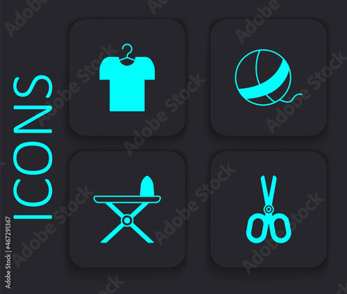 Set Scissors  T-shirt on hanger  Yarn ball and Electric iron and ironing board icon. Black square button. Vector