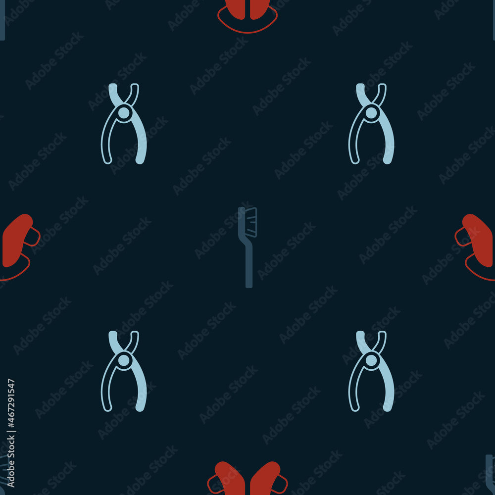 Set Dental tooth plate, Toothbrush and pliers on seamless pattern. Vector Set Dental tooth plate, Toothbrush and pliers on seamless pattern. Vector