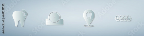 Set Broken tooth, Otolaryngological head reflector, Dental clinic location and Teeth with braces. Paper art style. Vector