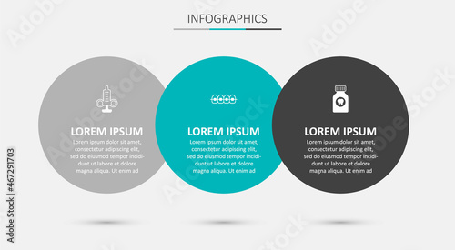 Set Teeth with braces, Syringe and Toothache painkiller tablet. Business infographic template. Vector