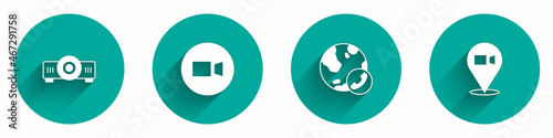 Set Movie, film, media projector, Video chat conference, and icon with long shadow. Vector