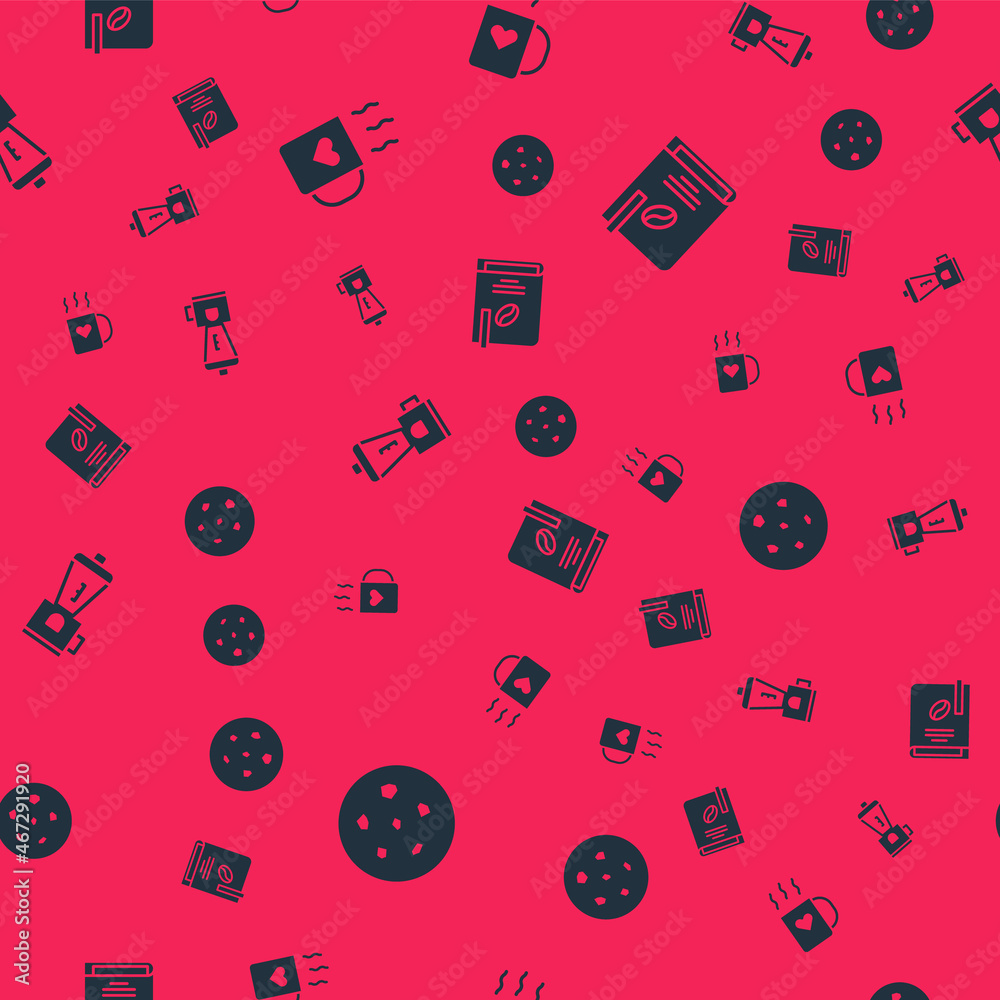 Set Cookie or biscuit, Coffee cup and heart, Electric coffee grinder and book on seamless pattern. Vector Set Cookie or biscuit, Coffee cup and heart, Electric coffee grinder and book on seamless pattern. Vector