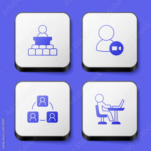 Set Speaker, Video chat conference, Meeting and Freelancer icon. White square button. Vector