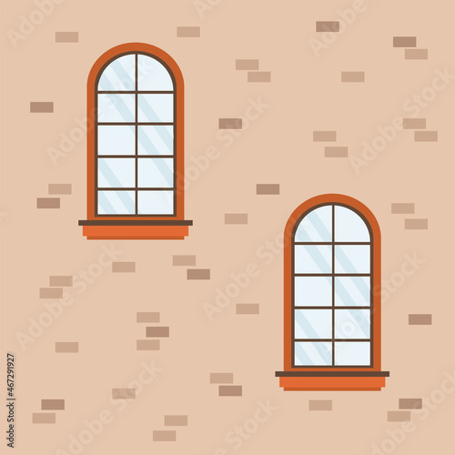 City wall with colorful framed windows and glass. The architecture of the house with window sills in the flat style. Illustration of a house wall for banner design. Vector illustration