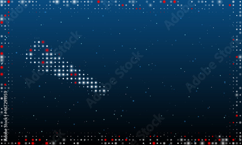 On the left is the hand saw symbol filled with white dots. Pointillism style. Abstract futuristic frame of dots and circles. Some dots is red. Vector illustration on blue background with stars