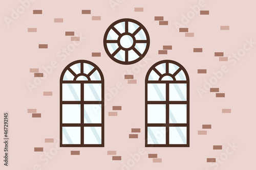 Cartoon wall of a house with windows. Illustration of an exterior wall with round and semicircular wooden window frames. Windows of various shapes for banner design. Vector illustration
