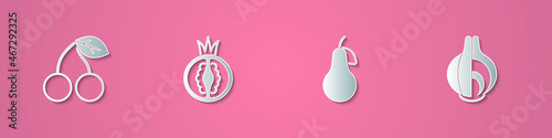 Set paper cut Cherry, Tomato, Pear and Onion icon. Paper art style. Vector