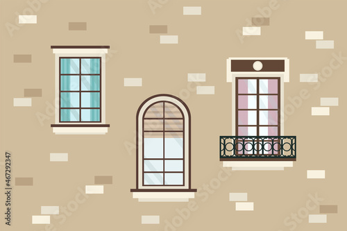A set of detailed various colorful windows with frames and curtains. The architecture of the house with window sills, balconies. Illustration of the city for banner design. Vector illustration