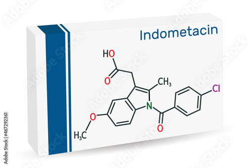 Indometacin molecule, is a nonsteroidal anti-inflammatory NSAID drug. Skeletal chemical formula. Paper packaging for drugs
